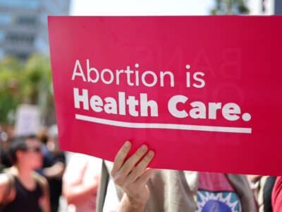 Protestors demonstrate at the March for Reproductive Rights organized by Women’s March L.A. on April 15, 2023, in Los Angeles, California.