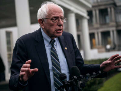 Sen. Bernie Sanders speaks to the press outside the White House in Washington, D.C., on January 25, 2023.