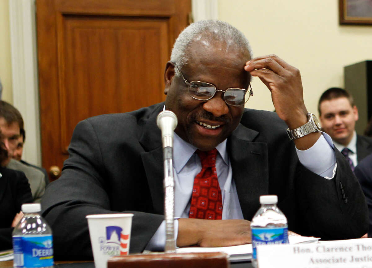 Supreme Court Justices Clarence Thomas testifies during a hearing before the Financial Services and General Government Subcommittee of the House Appropriations Committee on April 15, 2010, on Capitol Hill in Washington, D.C.