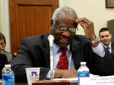 Supreme Court Justices Clarence Thomas testifies during a hearing before the Financial Services and General Government Subcommittee of the House Appropriations Committee on April 15, 2010, on Capitol Hill in Washington, D.C.