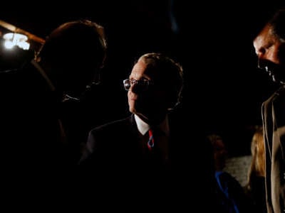 Mike DeWine speaks with supporters at the end of a campaign event at the Boat House at Confluence Park on November 2, 2018, in Columbus, Ohio.