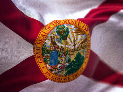 Close-up view of the Florida state flag waving in the wind.