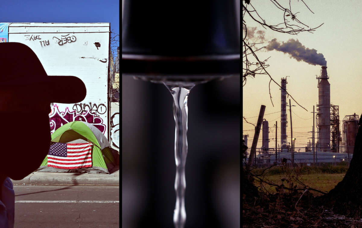 A collage of images depicts a homeless encampment, water from a faucet and an oil refinery.