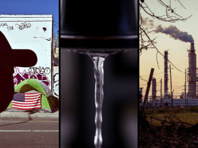 A collage of images depicts a homeless encampment, water from a faucet and an oil refinery.