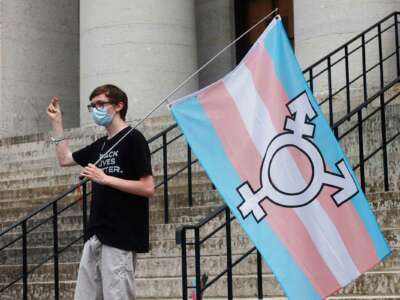 A protester holding the trans flag snaps their fingers while on the steps of a capitol building