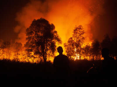 In this photo taken on October 10, 2023, a man looks at a forest fire as it approaches houses in Ogan Ilir, South Sumatra.