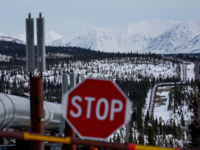 A part of the Trans Alaska Pipeline System runs through boreal forest past Alaska Range mountains on May 5, 2023, near Delta Junction, Alaska.