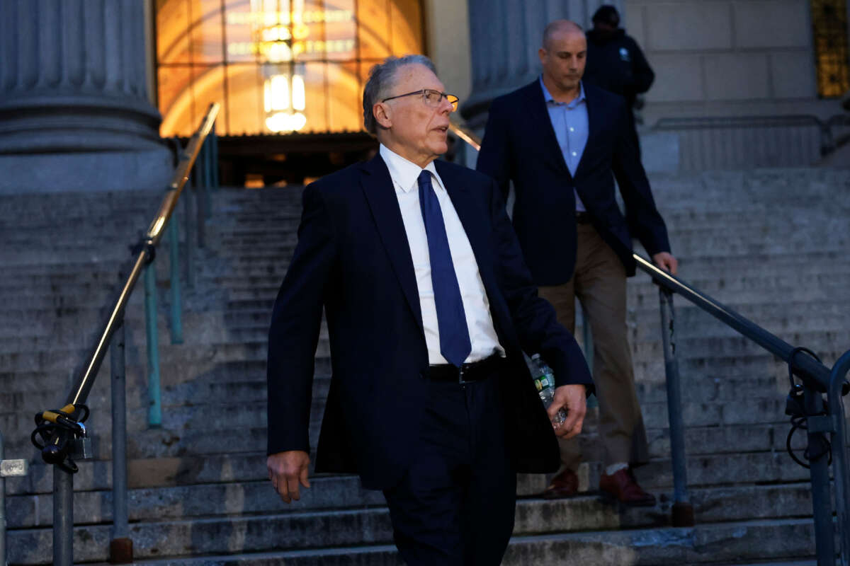 Former NRA Leader Wayne LaPierre leaves New York State Supreme Court after the first day of his civil trial on January 8, 2024, in New York City.