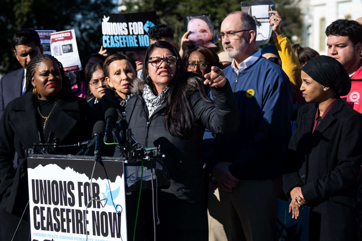 Rep. Rashida Tlaib speaks during the press conference with union leaders and supporters of a ceasefire in Gaza outside the U.S. Capitol in Washington, D.C., on December 14, 2023.
