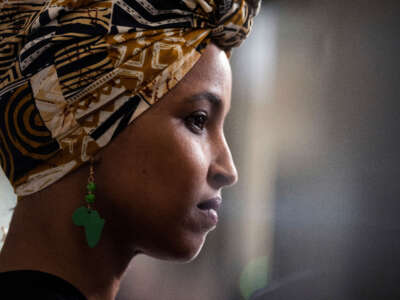 Rep. Ilhan Omar conducts a television interview in the U.S. Capitol on February 7, 2023.