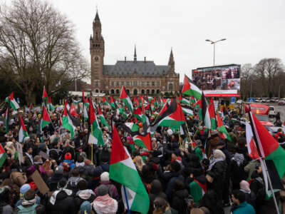 Pro-Palestinian protesters watch the court proceedings on a large TV screen in front of the International Court of Justice on January 12, 2024, in The Hague, Netherlands.