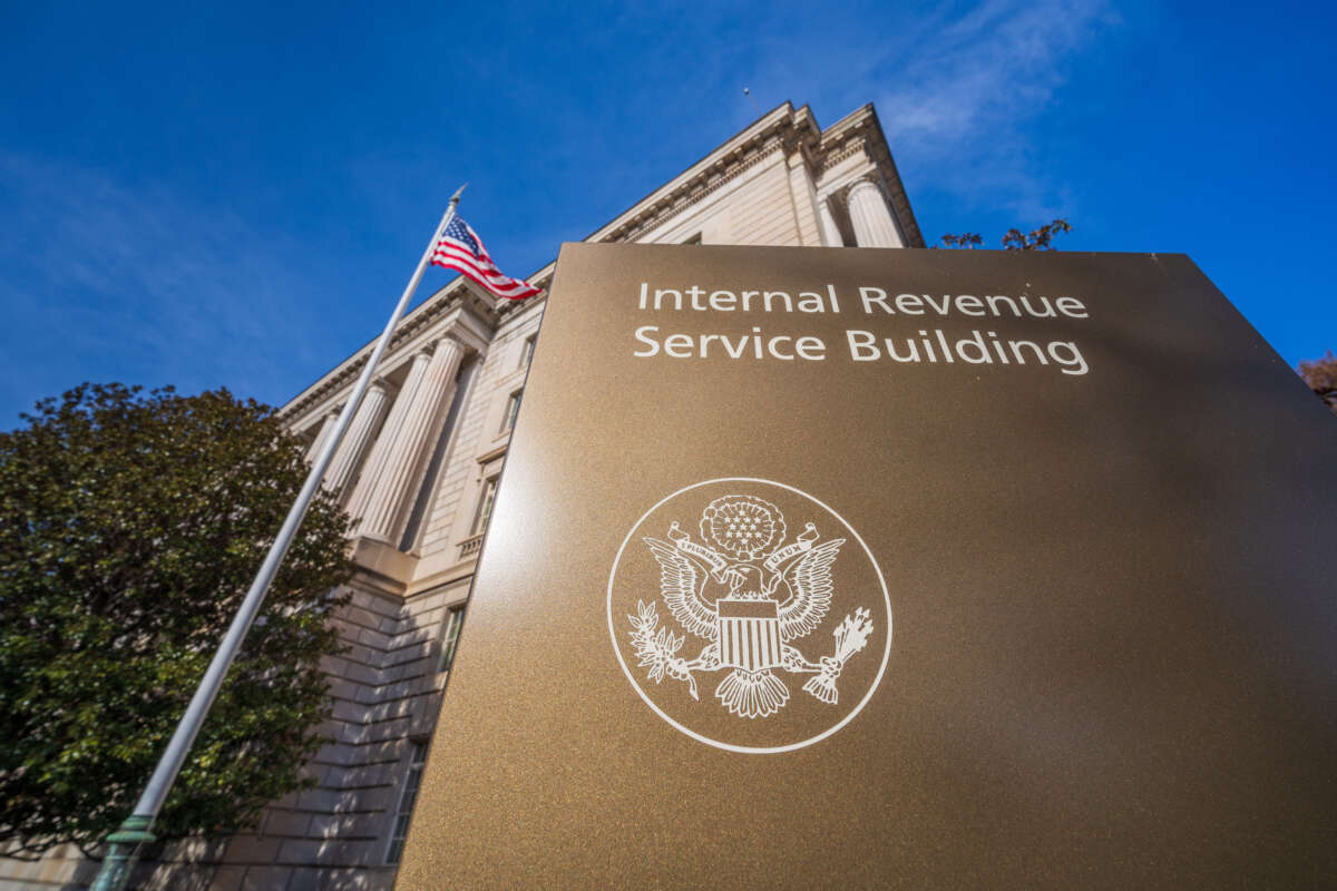 The U.S. flag flies above the International Revenue Service headquarters building on January 3, 2024, in Washington, D.C.