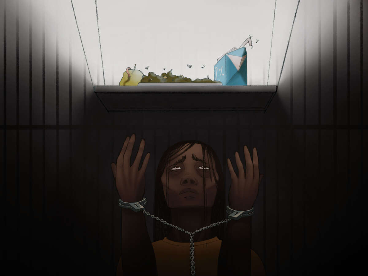 An illustration of an emaciated and handcuffed prisoner reaching for rotten food just out of reach