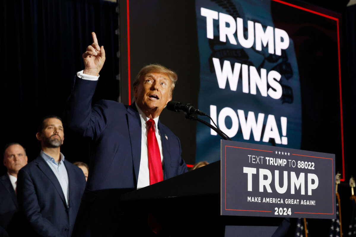 Former President Donald Trump speaks at his caucus night event at the Iowa Events Center on January 15, 2024, in Des Moines, Iowa.