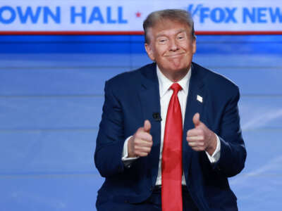 Former President Donald Trump participates in a Fox News Town Hall on January 10, 2024, in Des Moines, Iowa.