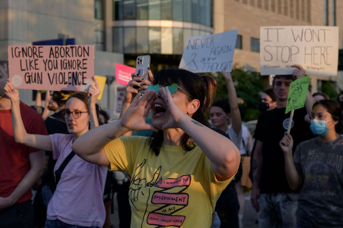 Abortion rights activists protest after the overturning of Roe v. Wade by the Supreme Court, in St. Louis, Missouri, on June 24, 2022.