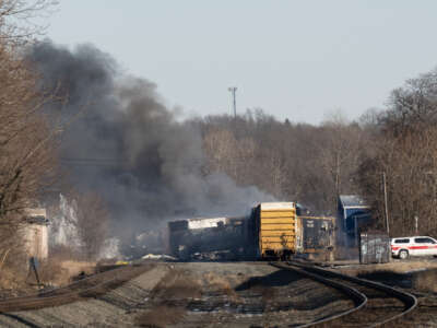 Smoke rises from a derailed cargo train in East Palestine, Ohio, on February 4, 2023.