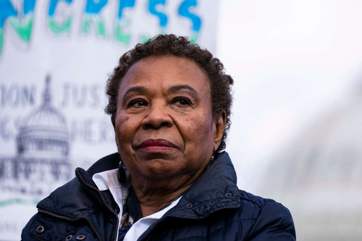 Rep. Barbara Lee attends a news conference outside the U.S. Capitol on January 26, 2023.