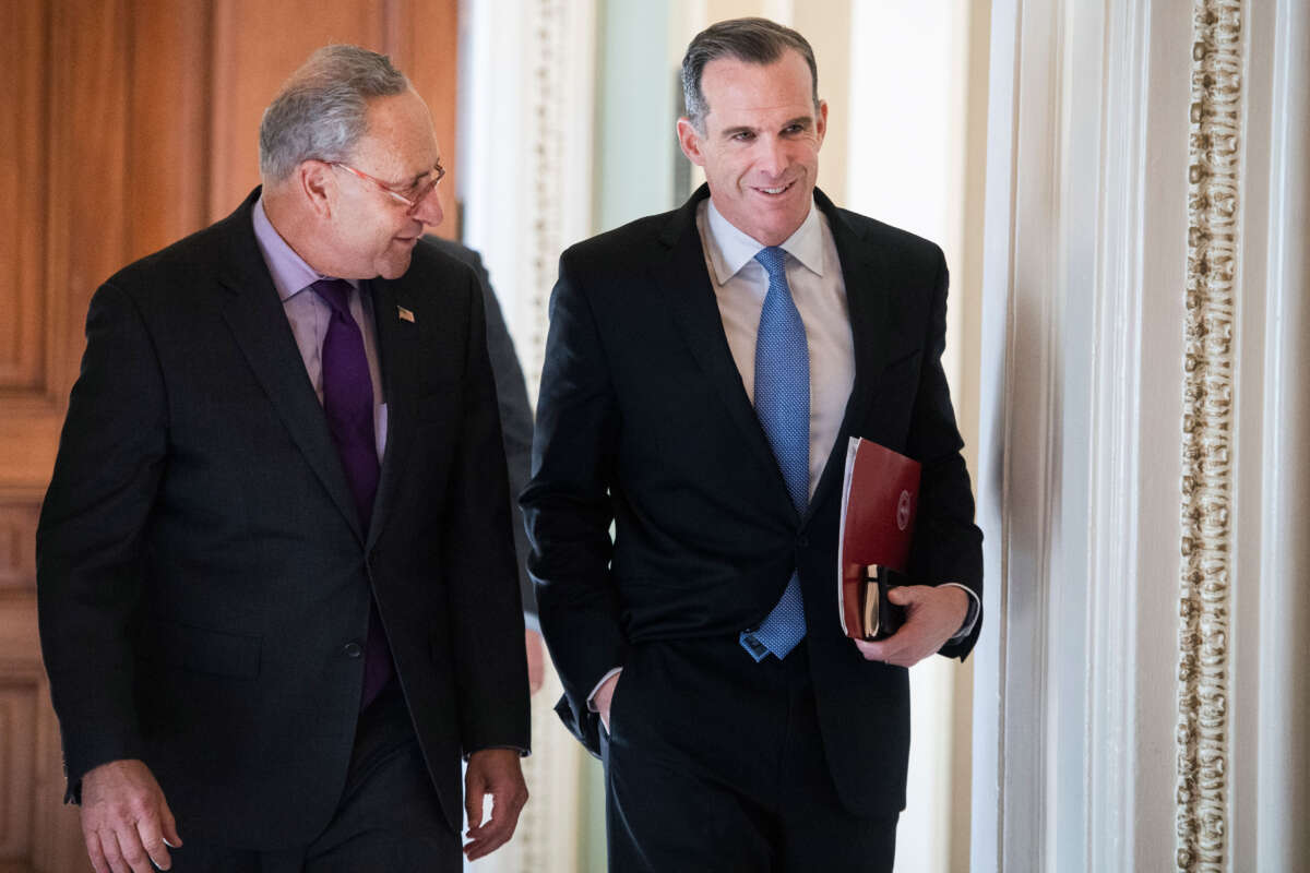 Brett McGurk, former special envoy to counter ISIS, right, and then-Senate Minority Leader Charles Schumer make their way to the Democratic luncheon in the Capitol on October 23, 2019, in Washington, D.C.