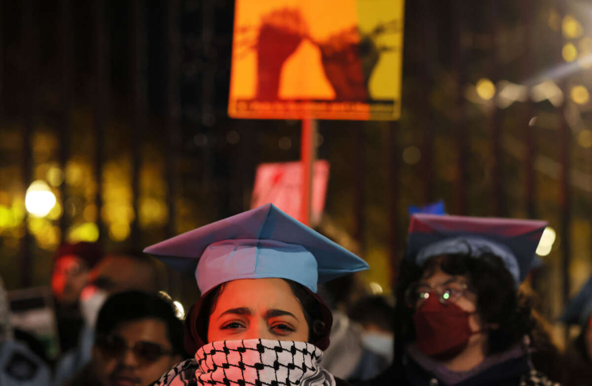 People gather to protest the banning of Students for Justice in Palestine (SJP) and Jewish Voice for Peace (JVP) at Columbia University on November 20, 2023, in New York City.
