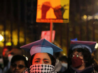 People gather to protest the banning of Students for Justice in Palestine (SJP) and Jewish Voice for Peace (JVP) at Columbia University on November 20, 2023, in New York City.