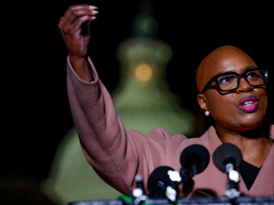 Rep. Ayanna Pressley speaks at a news conference calling for a ceasefire in Gaza outside the U.S. Capitol building on November 13, 2023, in Washington, D.C.