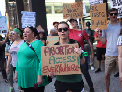 Abortion-rights activists counter-demonstrate as anti-abortion demonstrators gather for a rally in Federal Building Plaza on June 24, 2023, in Chicago, Illinois.