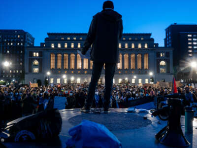 A person speaks at a rally in support of Palestine and for free speech at Columbia University on November 14, 2023, in New York City.