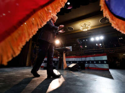 Former President Donald Trump takes the stage during a campaign rally at the Rochester Opera House on January 21, 2024, in Rochester, New Hampshire.