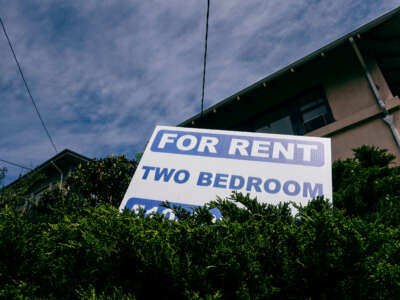 A sign reading 'For Rent / Two Bedroom" is seen in bushes in front of an apartment building, low angle.