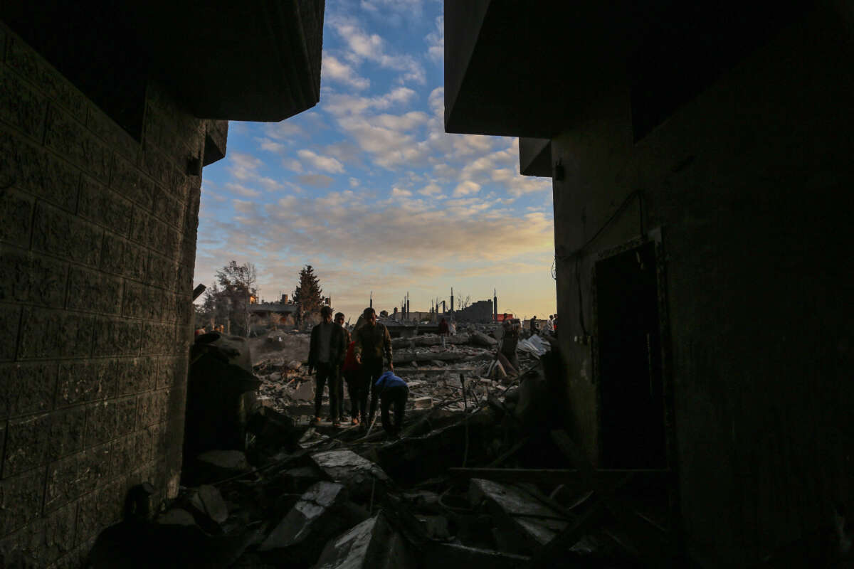 Civil defense teams and Palestinians continue their search and rescue operations after an Israeli attack on the Omar Bin Abdulaziz Mosque in Rafah, Gaza, on January 24, 2024.