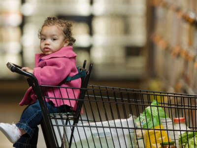 A baby sits in a grocery cart