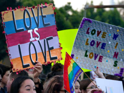 A protest at Redondo Union High School by six members of the anti gay Westboro Baptist Church was met by a crowd of about 300 students and supporters of the Gay-Straight Alliance counter-protesting the rally, in Redondo Beach, California, on January 11, 2016.