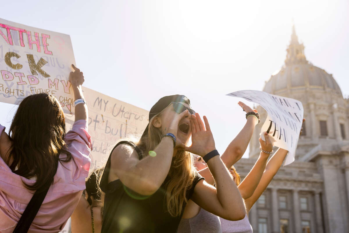 People chant during a protest in response to the U.S. Supreme Court ruling to overturn Roe V. Wade at Civic Center in San Francisco, California, on June 24, 2022.