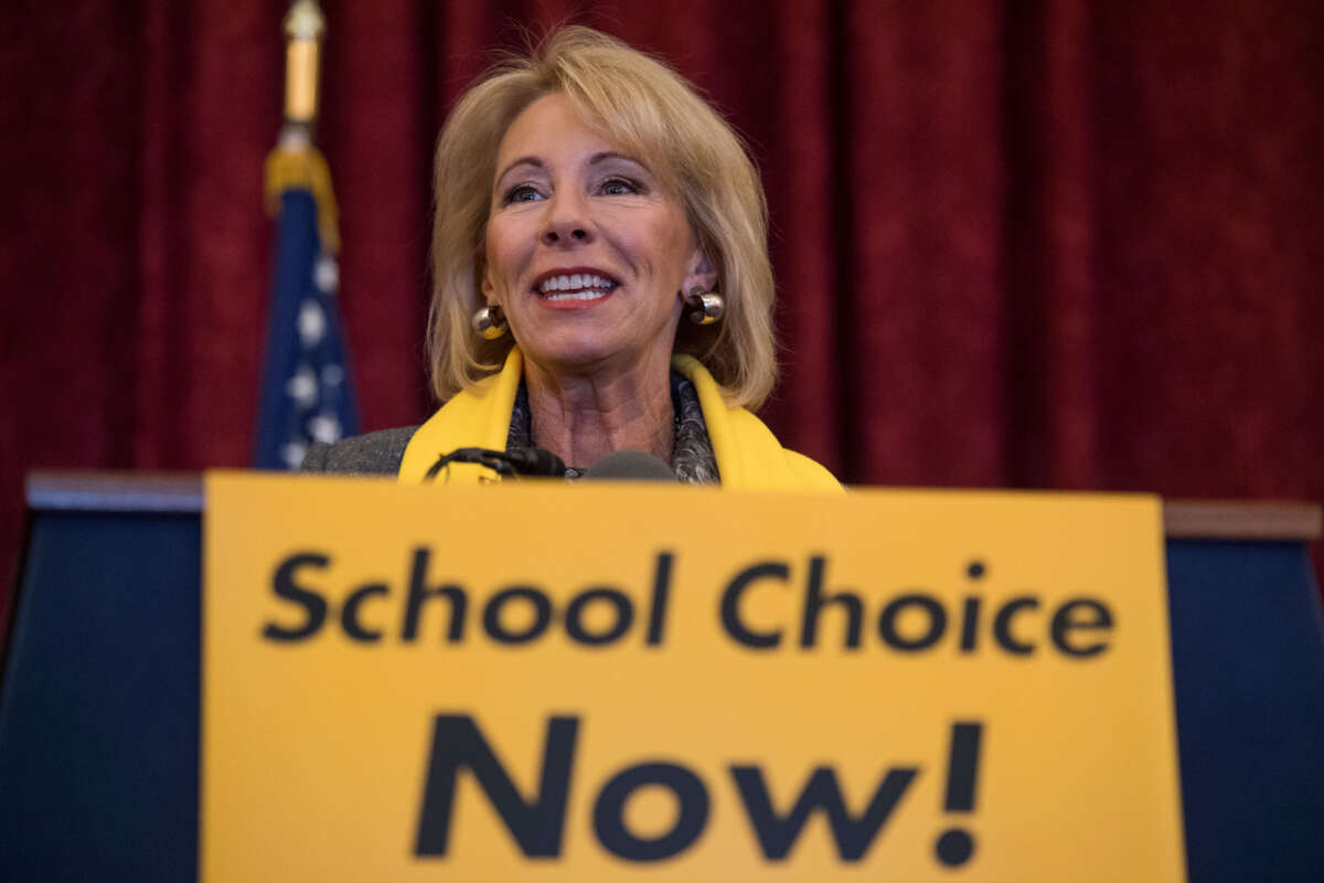 Then-Education Secretary Betsy DeVos during a National School Choice Week rally in Russell Building