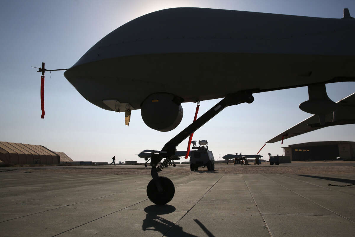 U.S. Air Force MQ-1B Predator unmanned aerial vehicles (UAVs) prepare to launch from a secret air base in the Persian Gulf region on January 7, 2016.