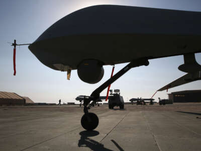 U.S. Air Force MQ-1B Predator unmanned aerial vehicles (UAVs) prepare to launch from a secret air base in the Persian Gulf region on January 7, 2016.