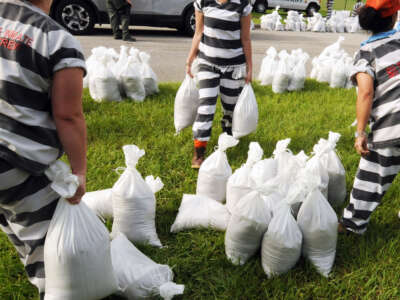 A supervised work crew of female jail prisoners fills sandbags in preparation for the arrival of Hurricane Dorian in Florida on August 29, 2019.
