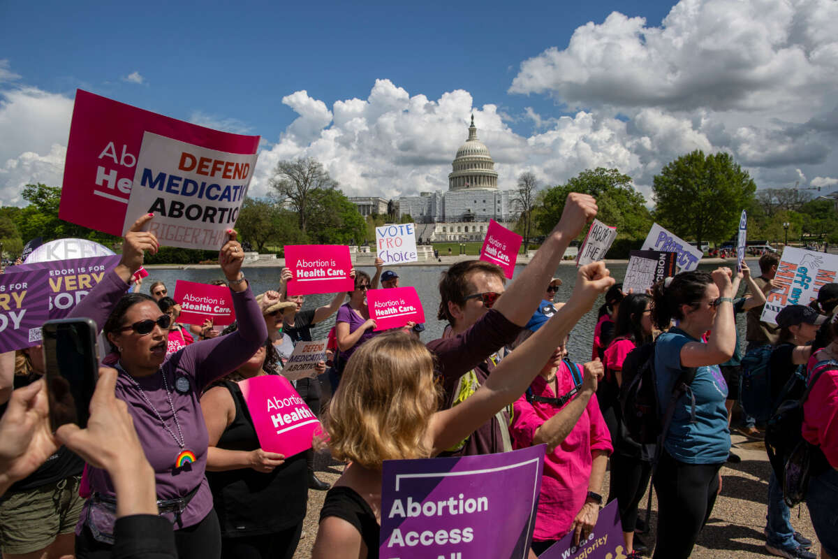Abortion rights activists rally outside the Supreme Court in Washington, D.C., on April 15, 2023.