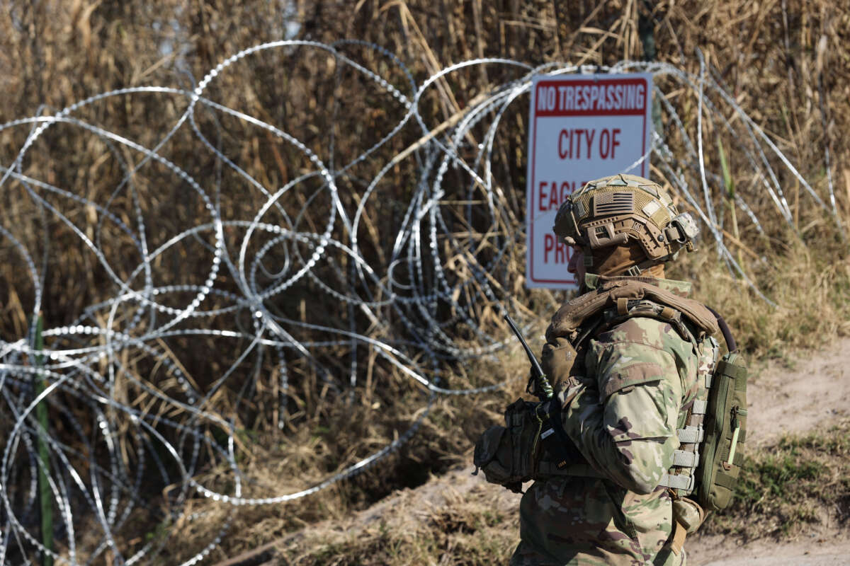 Texas National Guards place razor wires at the Shelby Park area as guards continue to patrol the Rio Grande River, on January 29, 2024.
