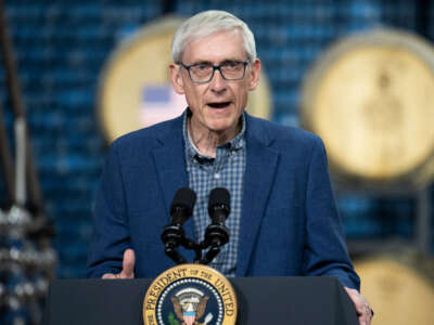 Wisconsin Gov. Tony Evers speaks at Earth Rider Brewery on January 25, 2024, in Superior, Wisconsin.