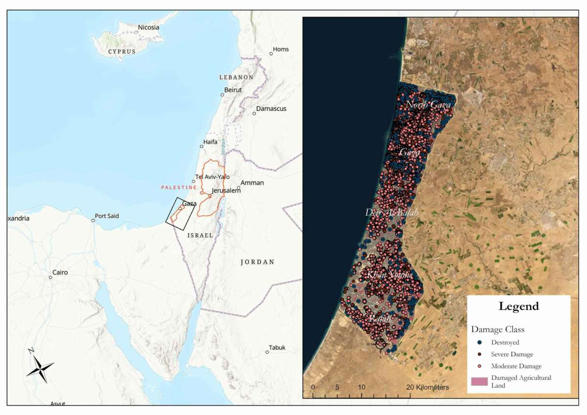 Dos mapas, uno al lado del otro: uno es del Mediterráneo oriental con los países etiquetados y el segundo del territorio de Gaza, casi completamente cubierto de pequeños puntos que representan edificios que han sido dañados o destruidos.