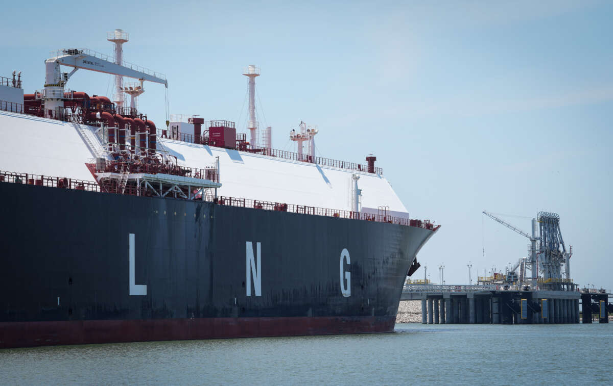 A large liquified natural gas transport ship sits docked in the Calcasieu River on June 7, 2023, near Cameron, Louisiana.
