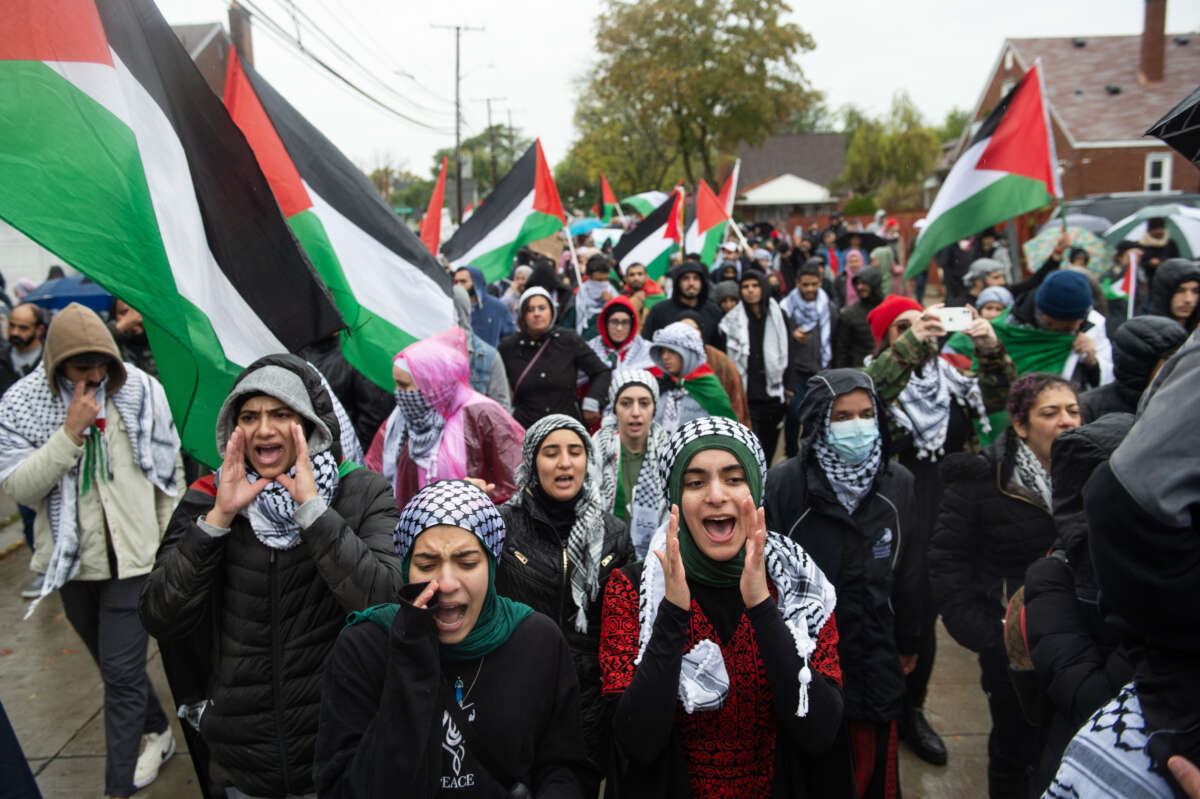 Residents of Detroit and Dearborn march in support of Palestine on October 14, 2023, in Dearborn, Michigan.