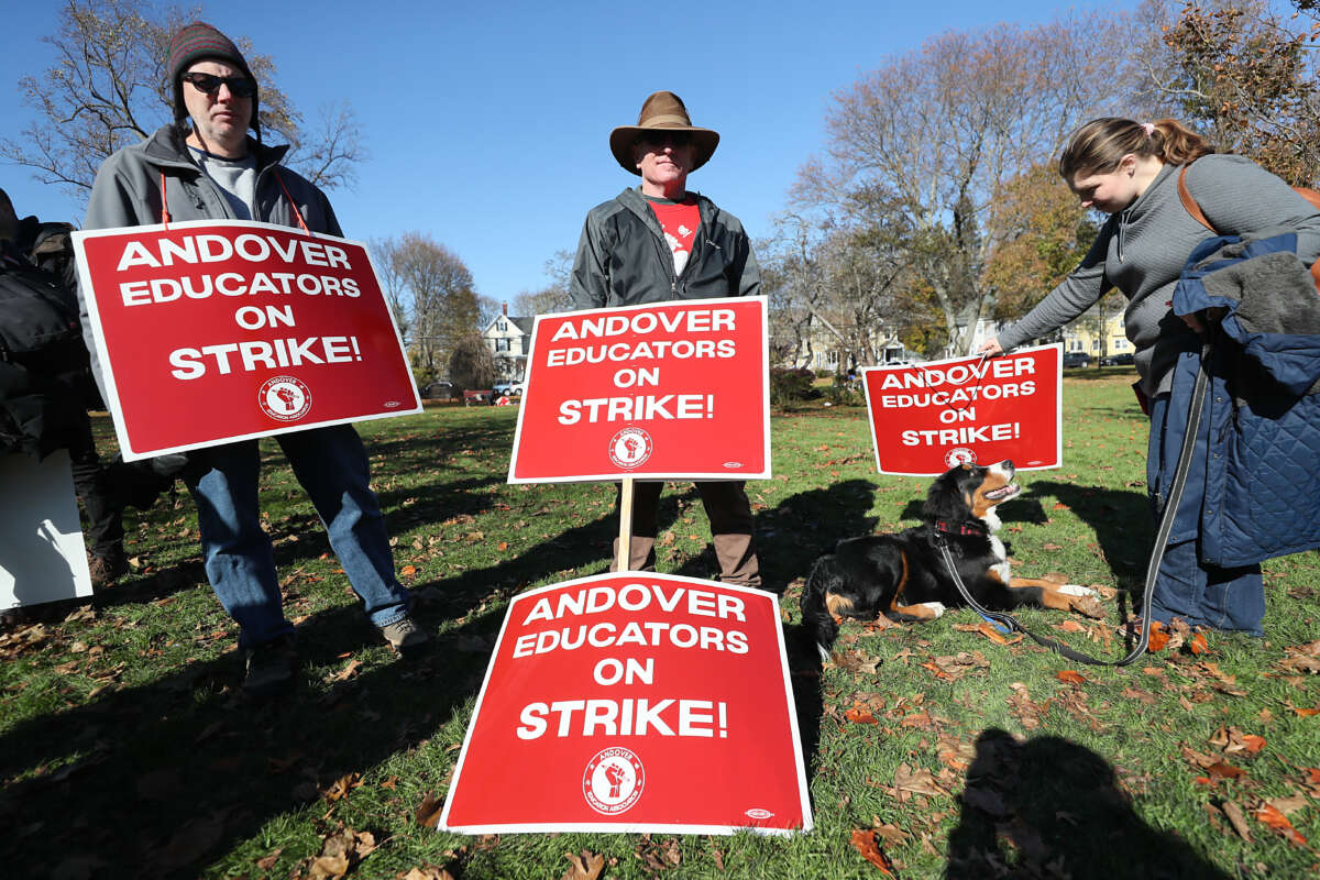 Striking Andover teachers gathered on the Town Common in Andover, Massachusetts, on November 13, 2023.