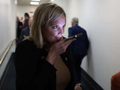 Rep. Ashley Hinson leaves a House Republican caucus meeting at the U.S. Capitol on October 12, 2023, in Washington, D.C.