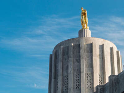 The gold leaf statue on top of the Oregon State Capitol building, known as the Oregon Pioneer, is pictured in Salem, Oregon.