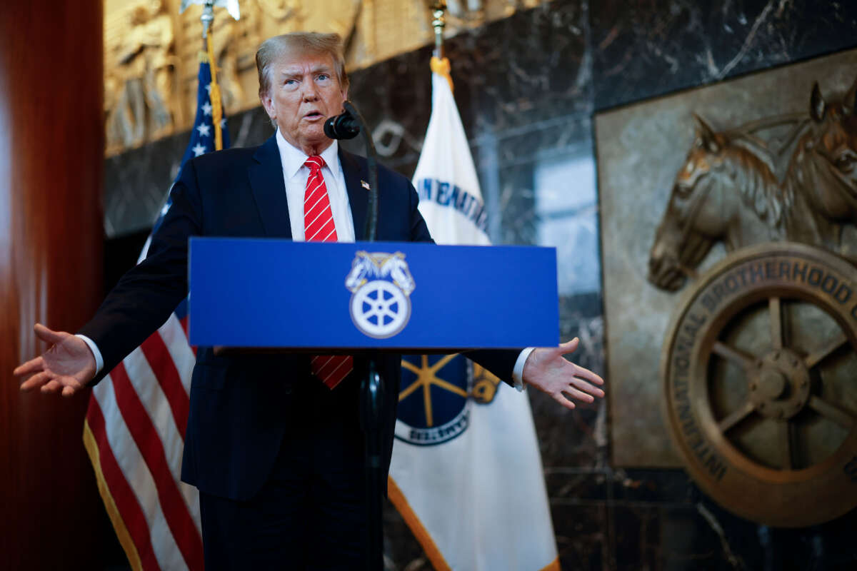 Former President Donald Trump delivers remarks after meeting with leaders of the International Brotherhood of Teamsters at their headquarters on January 31, 2024, in Washington, D.C.