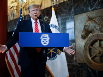 Former President Donald Trump delivers remarks after meeting with leaders of the International Brotherhood of Teamsters at their headquarters on January 31, 2024, in Washington, D.C.
