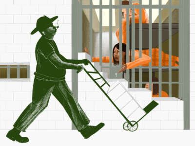 A digital illustration of prisoners being bricked into their cells as they protest to a whistling guard who is wheeling in cinderblock